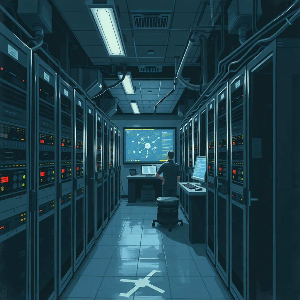 Technicians manage domain name system changes at a data center.